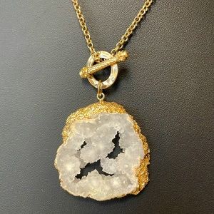 Vintage Genuine Large White Natural Drusy Quartz Pendant Necklace Russian Gold
